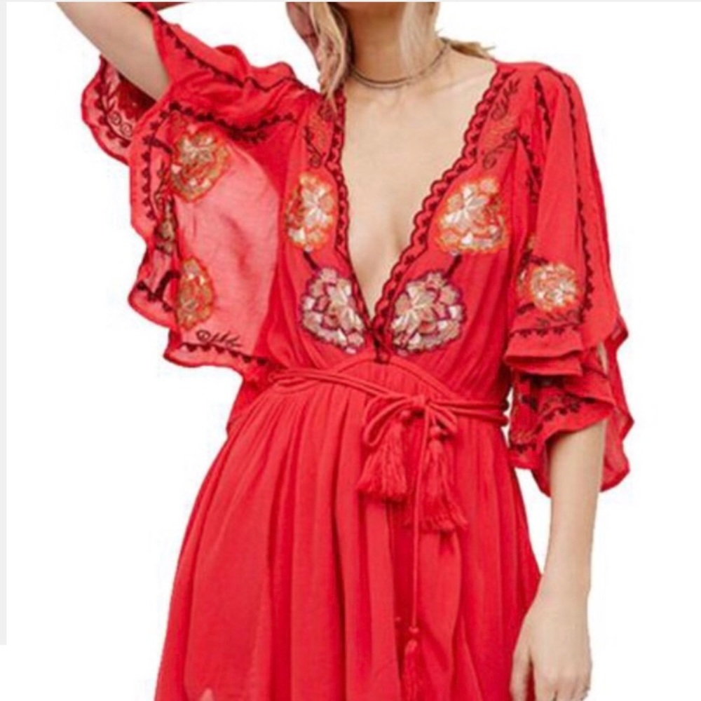 COTTON V-NECK SEXY BEACH FLORAL EMBROIDERED DRESS